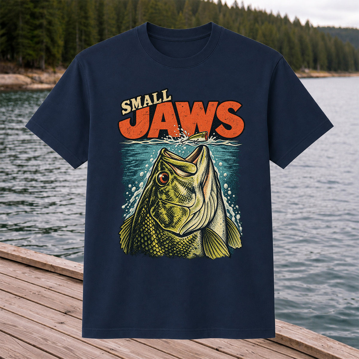 Small Jaws Bass Chasing a Fishing Lure Retro Graphic T-Shirt