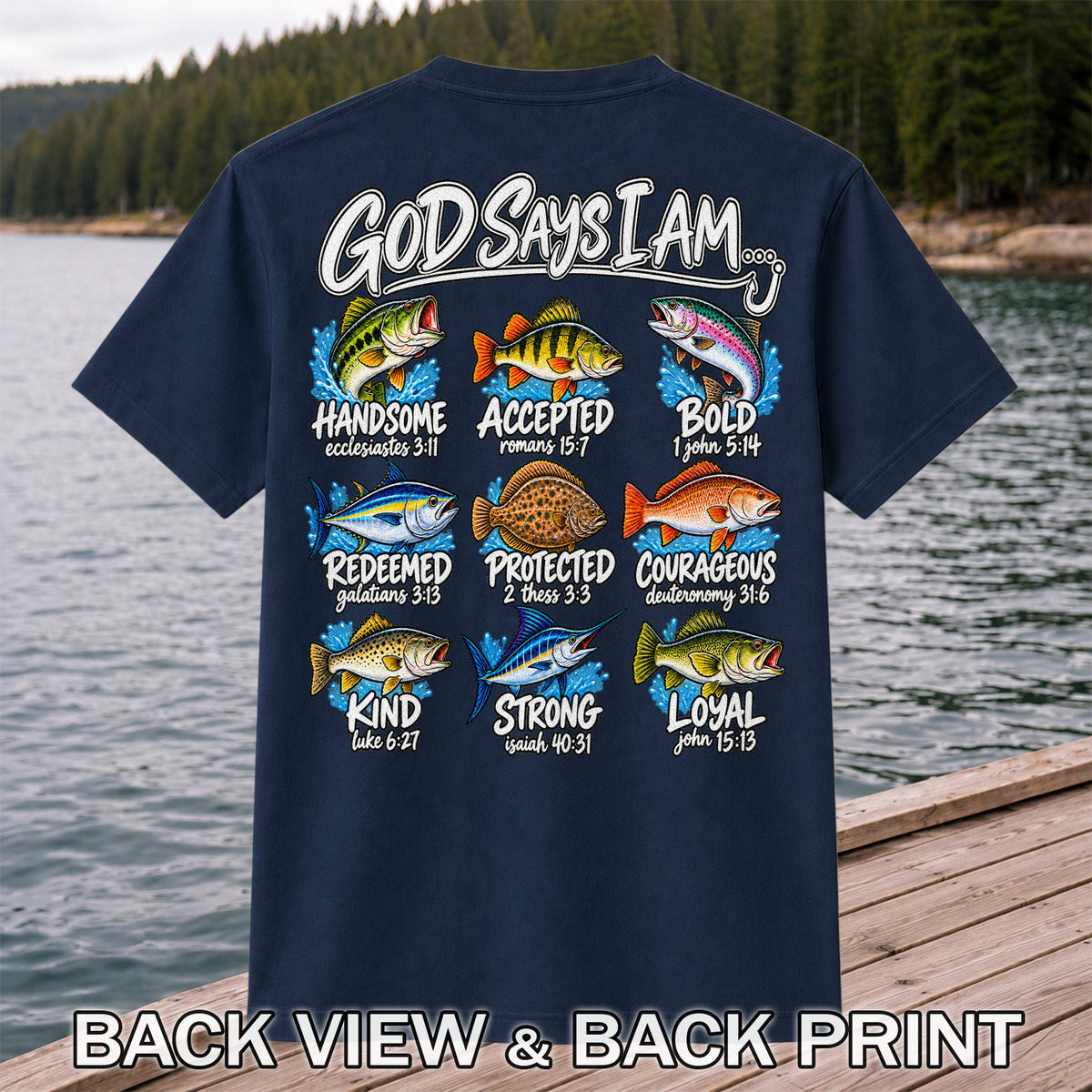 God Says I Am Christian Fish and Bible Verse Fishing Graphic T-Shirt | Back Print