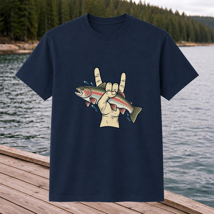 Rainbow Trout Rock On Hand Gesture Fishing Graphic T-Shirt