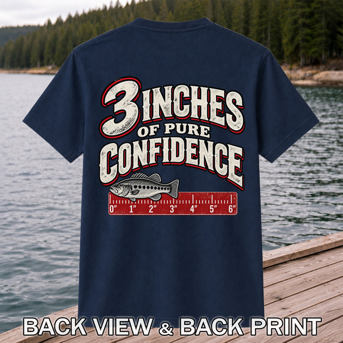 3 Inches of Pure Confidence Bass and Ruler Funny Fishing T-Shirt | Back Print