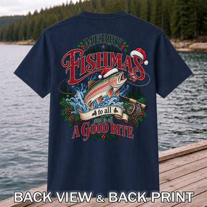 Merry Fishmas to All and to All a Good Bite Rainbow Trout T-Shirt | Back Print