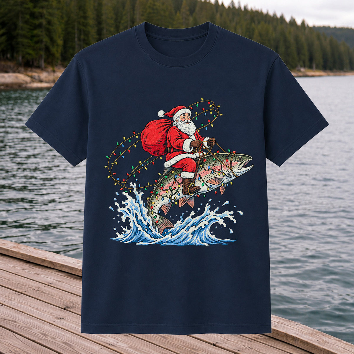 Santa Riding a Christmas-Lighted Rainbow Trout Fishing Graphic T-Shirt