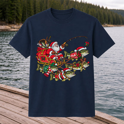 Santa Pulling Festive Bass Fishing Graphic T-Shirt