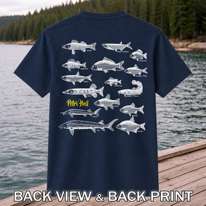 German Freshwater Fish Species Chart Fishing Graphic T-Shirt | Back Print