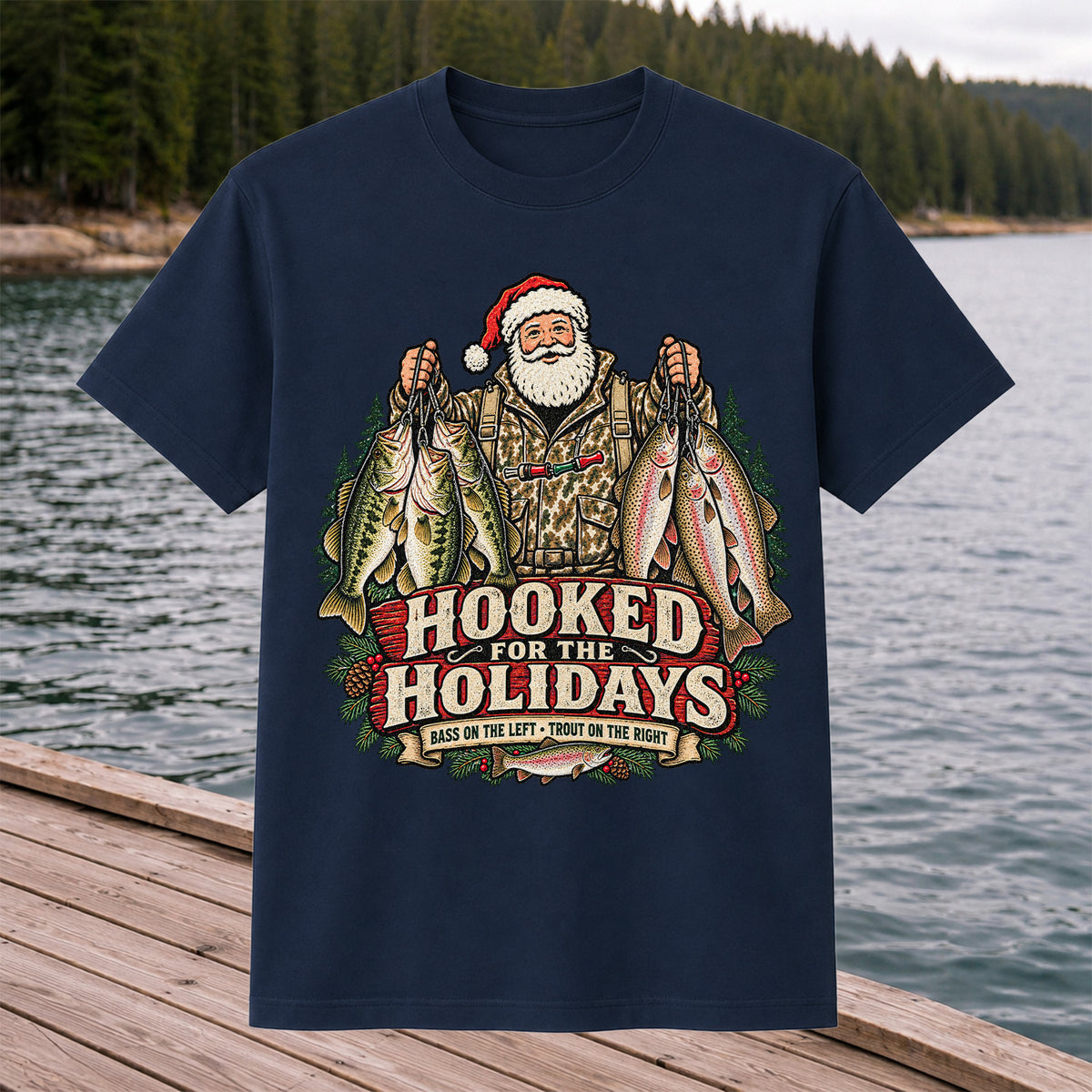Hooked for the Holidays Bass on the Left Trout on the Right Santa Christmas Fishing T-Shirt