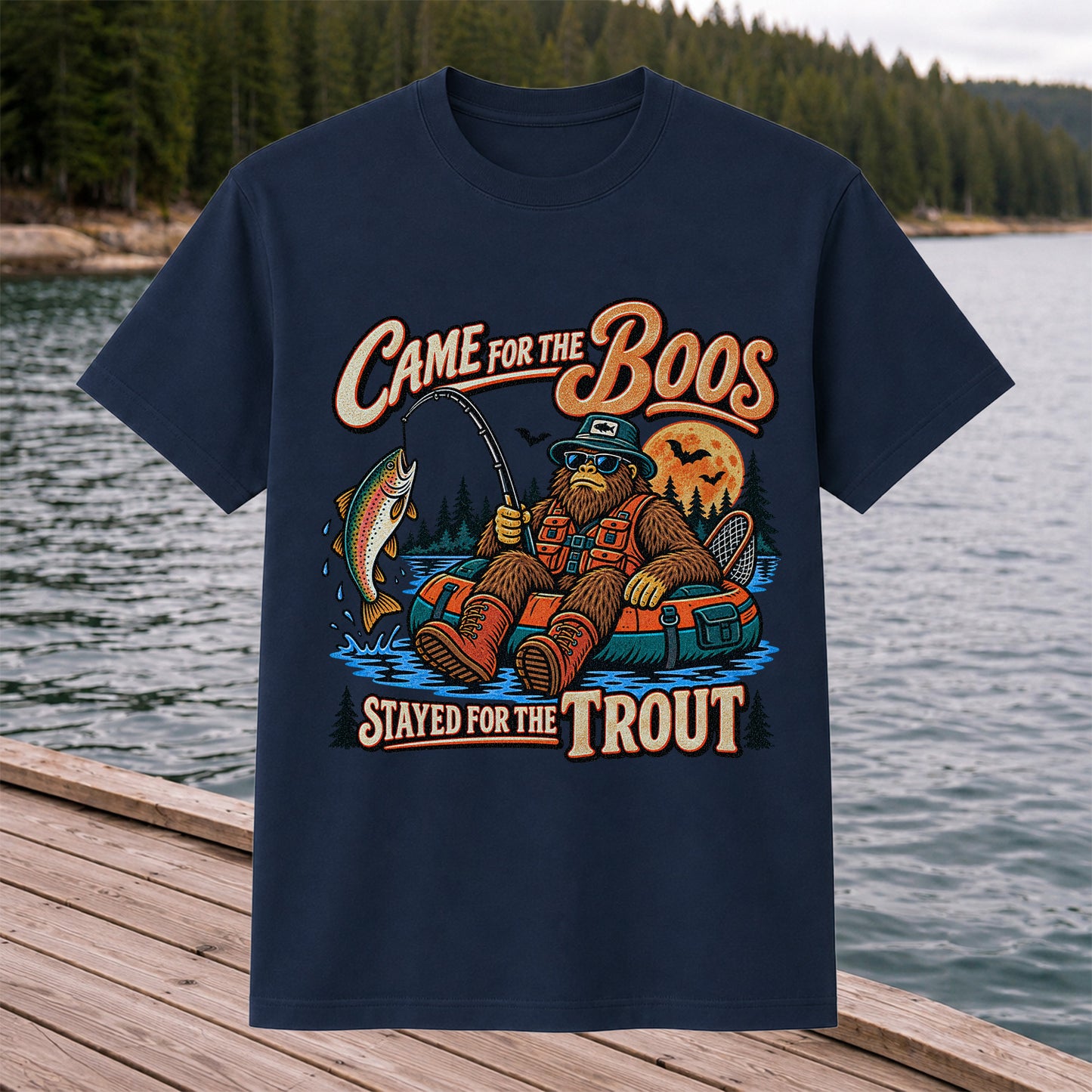Came for the Boos Stayed for the Trout Bigfoot Halloween Fishing T-Shirt