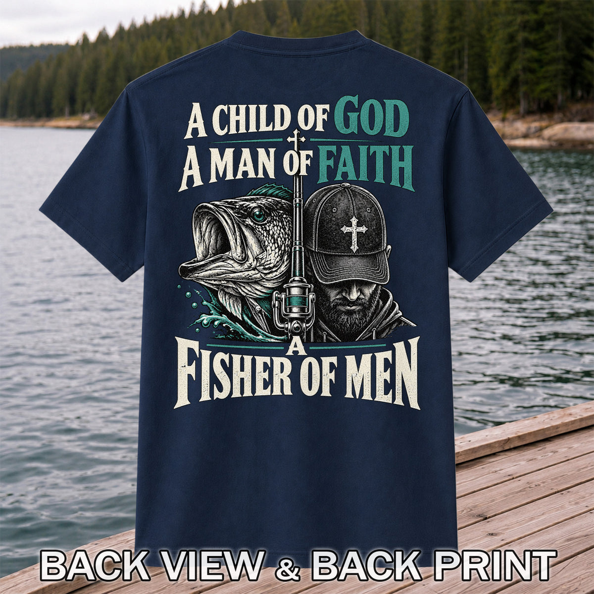 A Child of God A Man of Faith A Fisher of Men Bass Fishing T-Shirt | Back Print