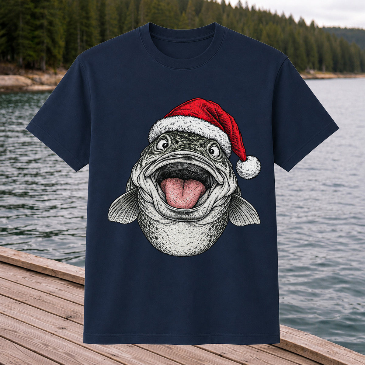 Funny Santa Hat Trout Christmas Fishing Graphic T-Shirt
