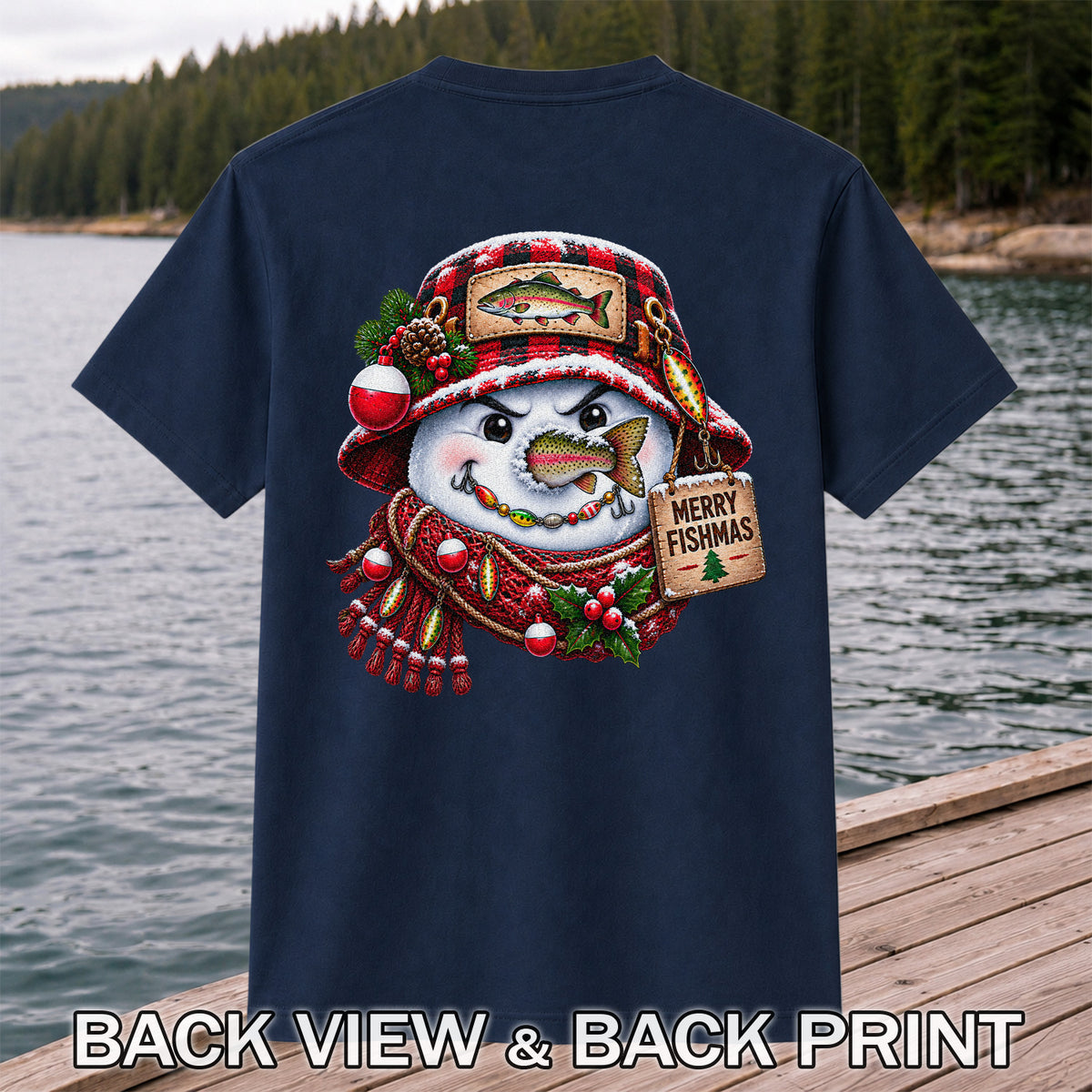 Merry Fishmas Snowman with Rainbow Trout Christmas Fishing T-Shirt | Back Print