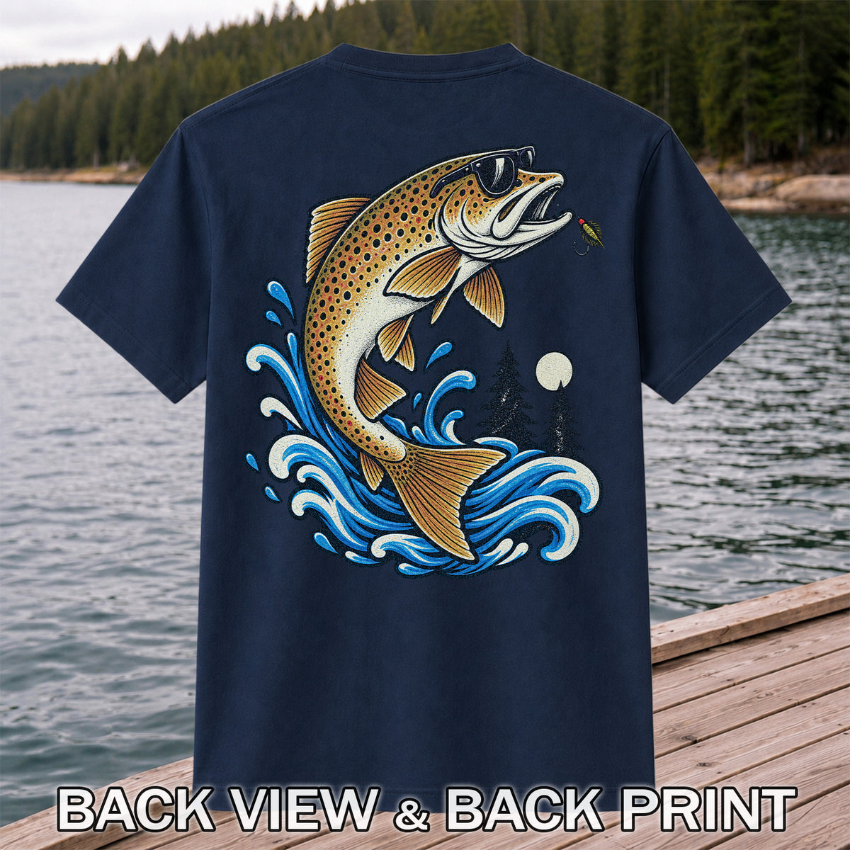 Brown Trout Sunglasses Fishing Graphic T-Shirt with Lure | Back Print