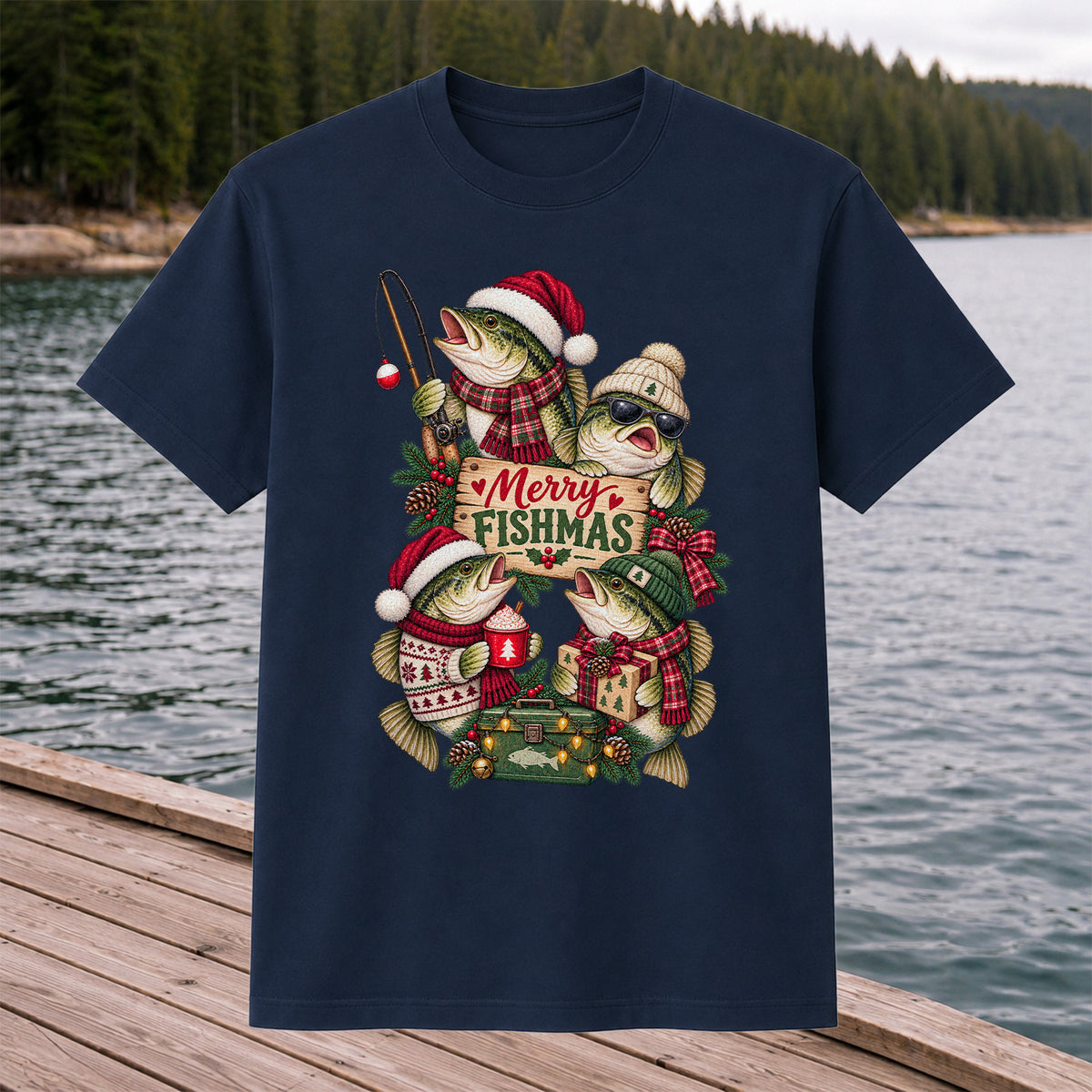 Merry Fishmas Bass Christmas Fishing Graphic T-Shirt