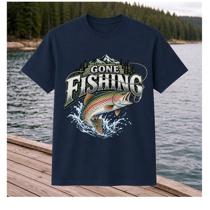 Gone Fishing Rainbow Trout and Mountains Graphic T-Shirt