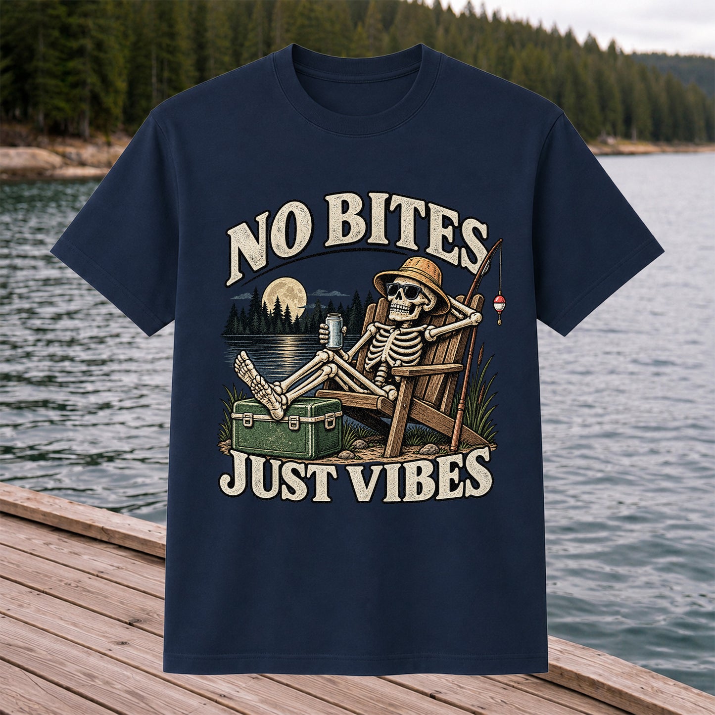 No Bites Just Vibes Skeleton Lake Fishing Graphic T-Shirt