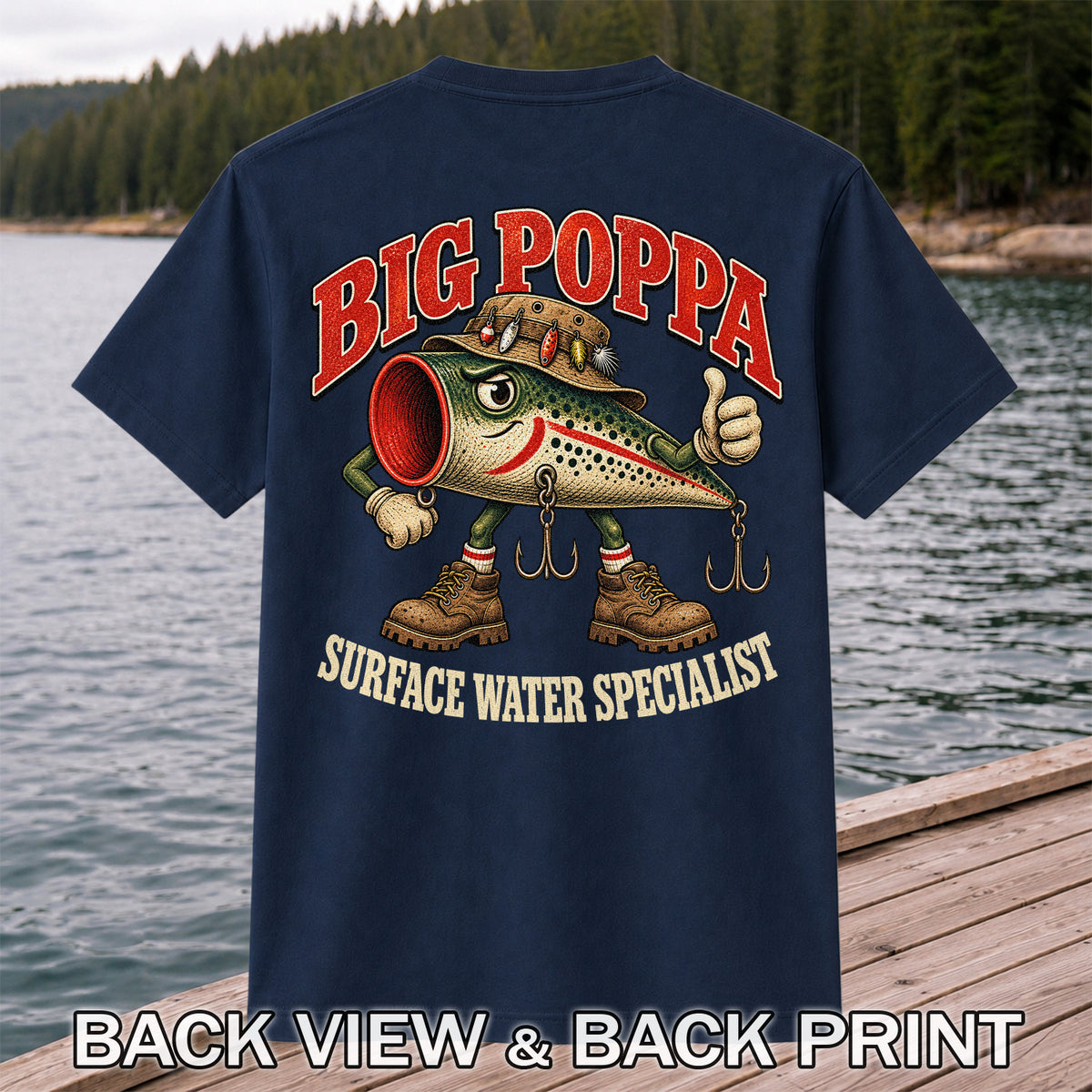 Big Poppa Surface Water Specialist Fishing Lure Graphic T-Shirt | Back Print