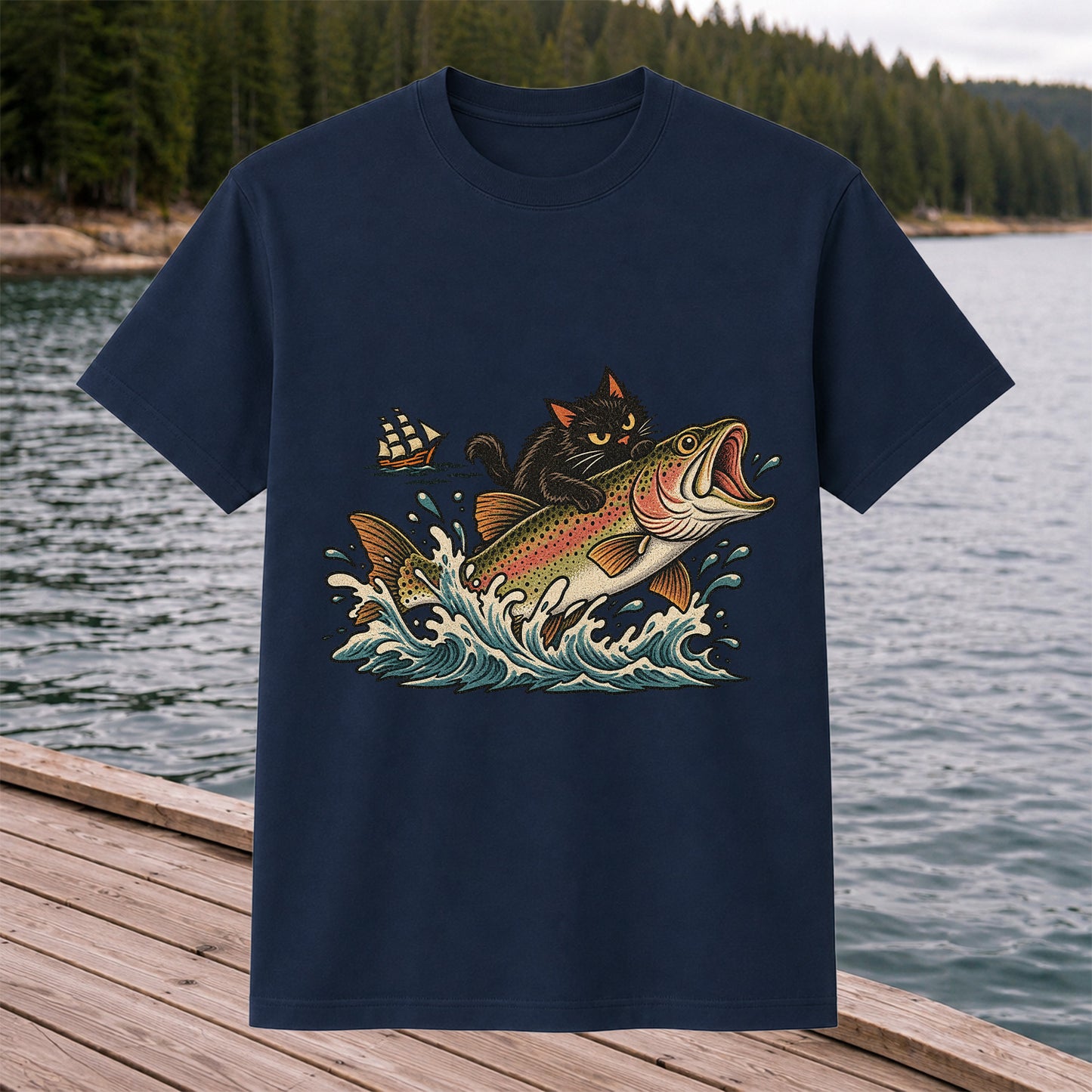 Black Cat Riding a Trout Ocean Wave Fishing Graphic T-Shirt