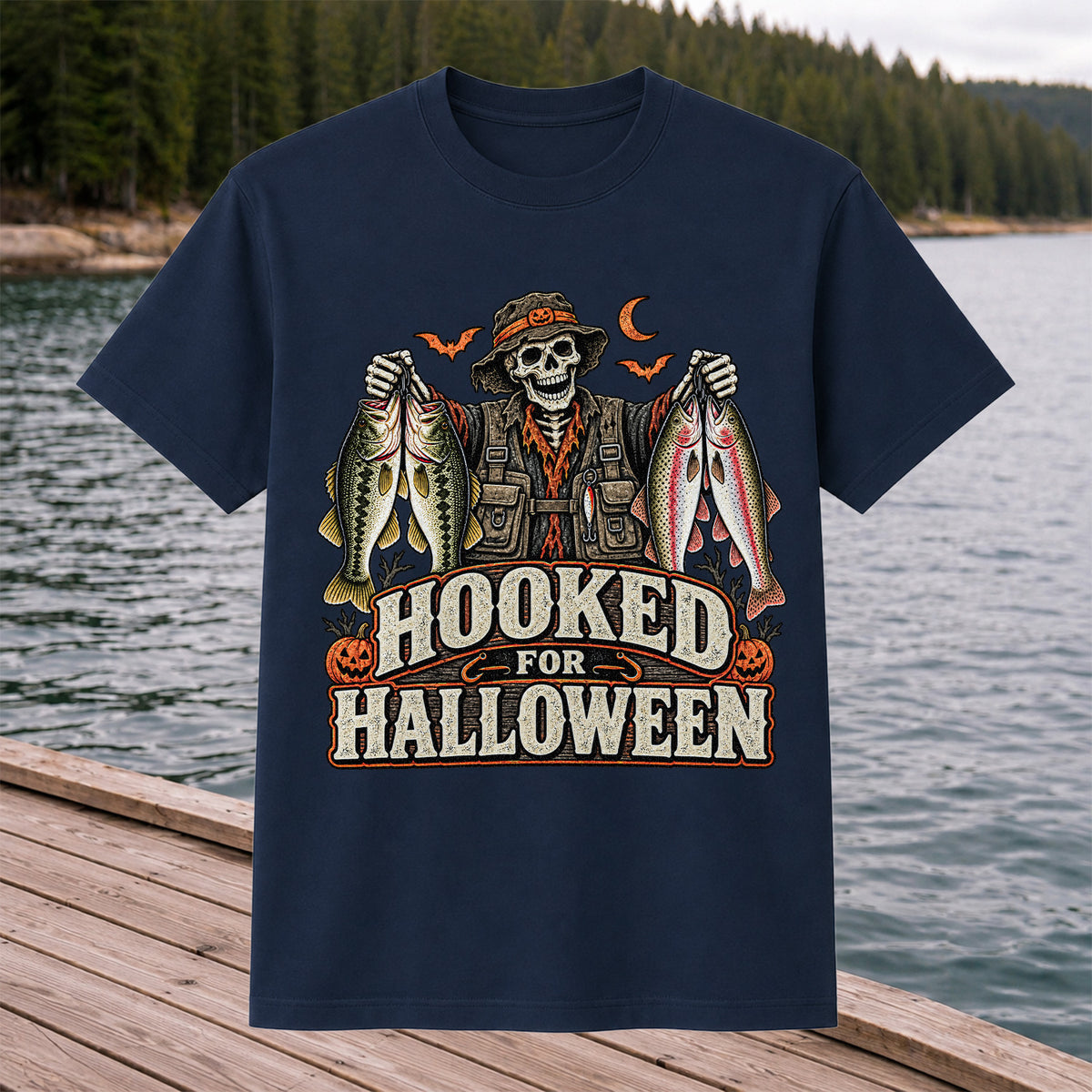 Hooked for Halloween Skeleton Angler with Bass and Trout Fishing T-Shirt