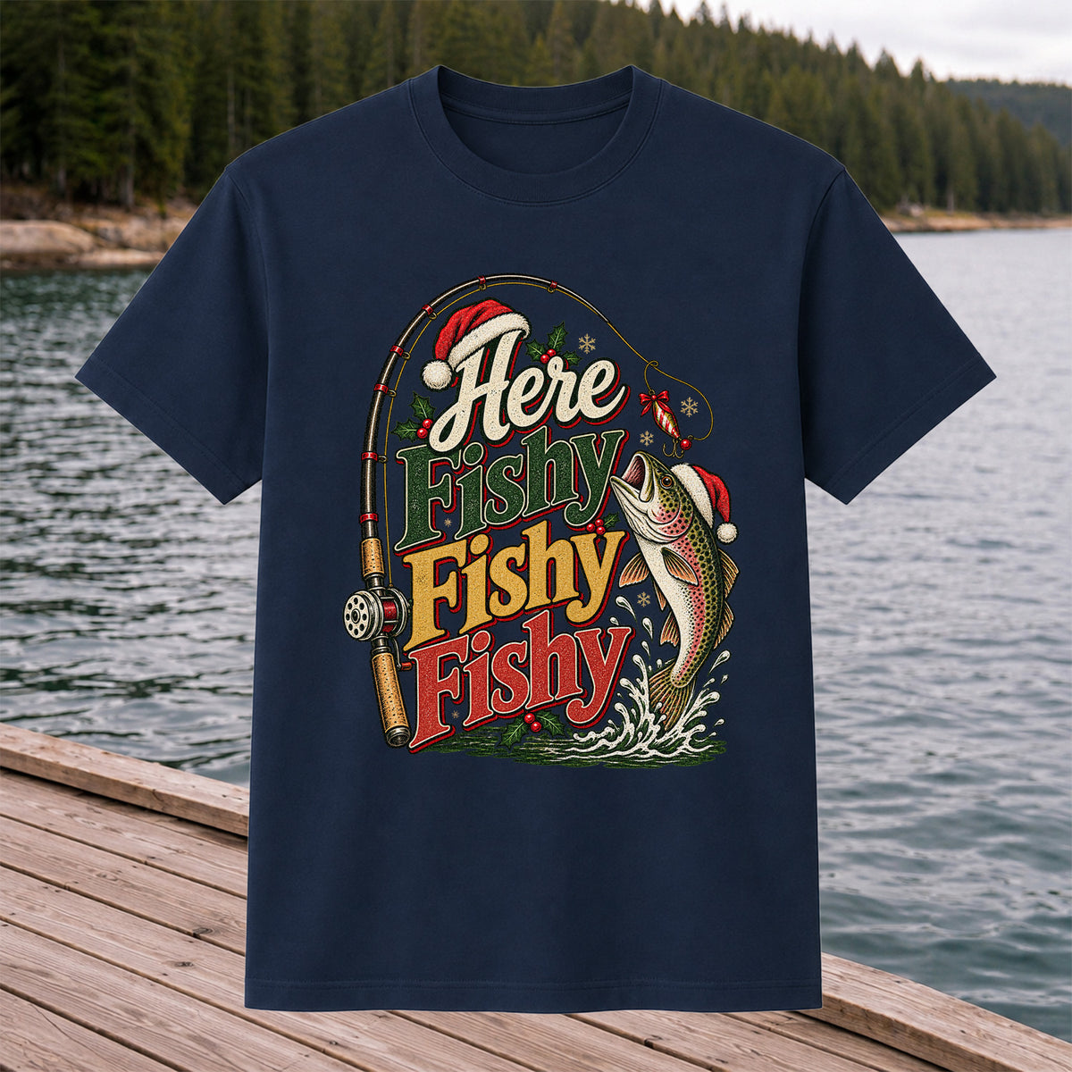 Here Fishy Fishy Fishy Christmas Rainbow Trout Fishing T-Shirt