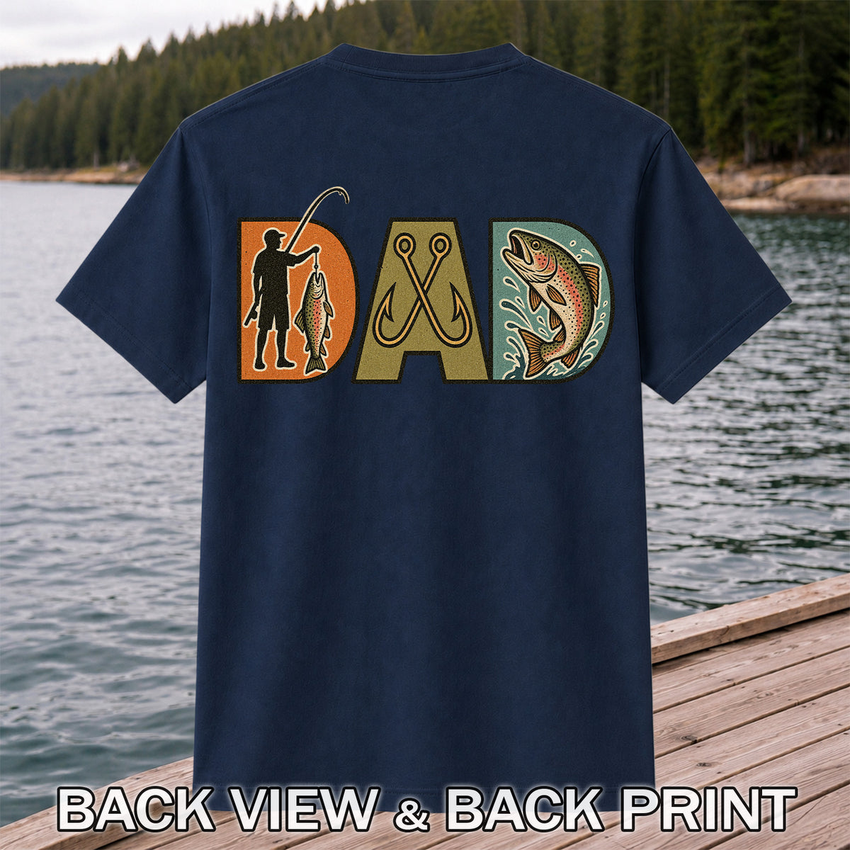 Dad Rainbow Trout and Fishing Hooks Retro Fishing T-Shirt | Back Print