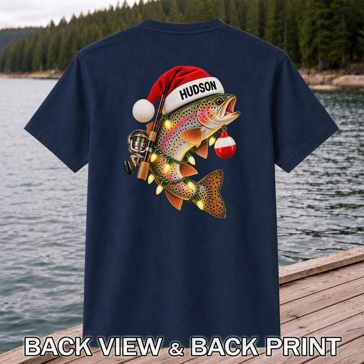 Hudson Santa Hat Rainbow Trout Christmas Fishing T-Shirt | Back Print