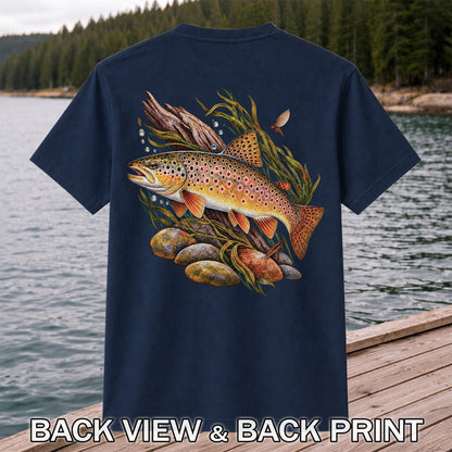 Vintage Brown Trout River Fishing Graphic T-Shirt | Back Print