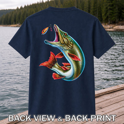 Northern Pike Chasing Fishing Lure Graphic T-Shirt | Back Print