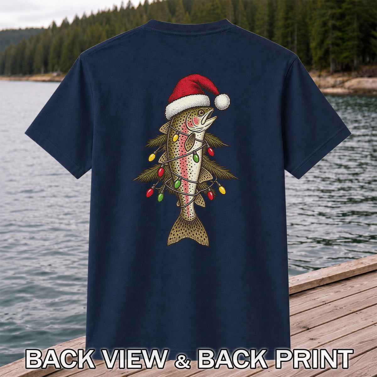 Christmas Trout Tree Fishing Graphic T-Shirt | Back Print