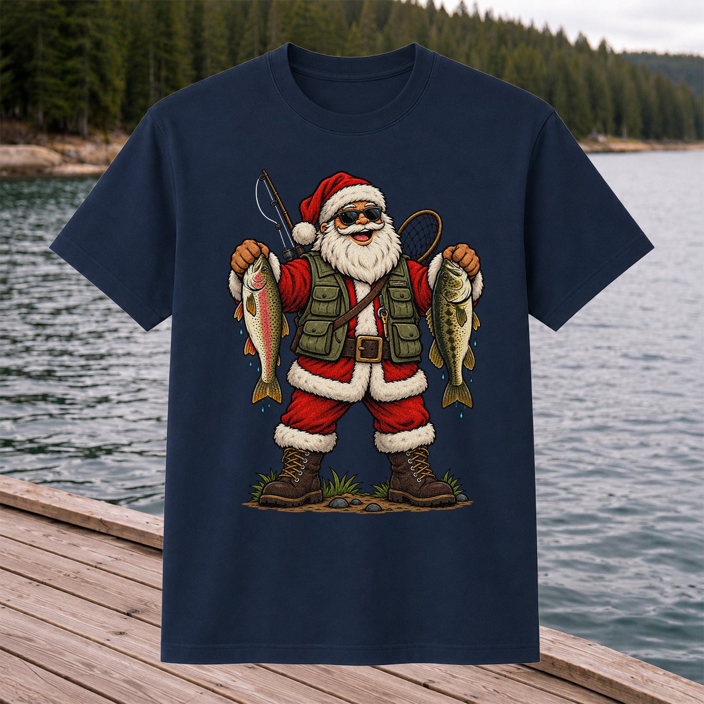 Santa Holding Rainbow Trout and Bass Christmas Fishing Graphic T-Shirt
