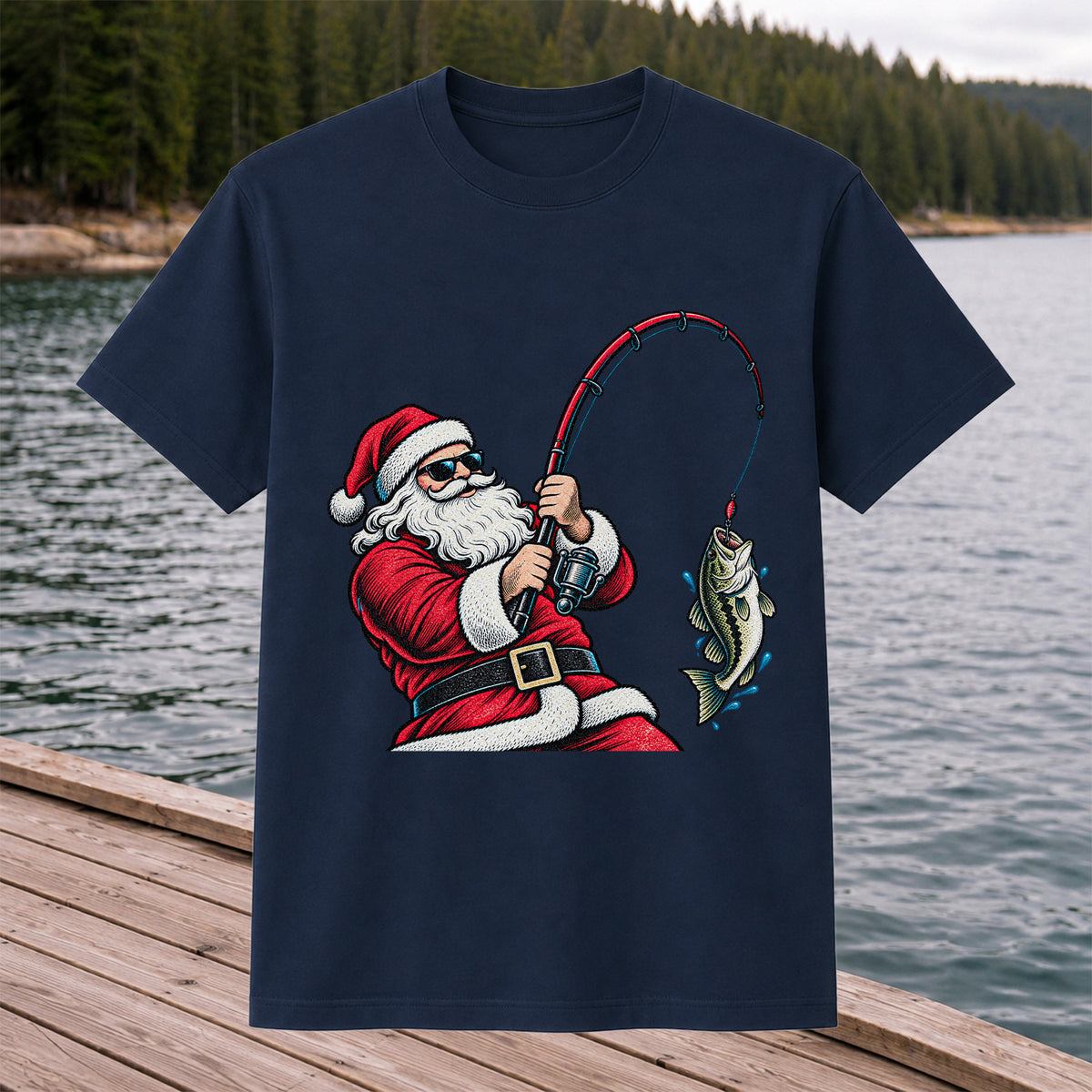Santa Claus Catching a Bass Christmas Fishing Graphic T-Shirt