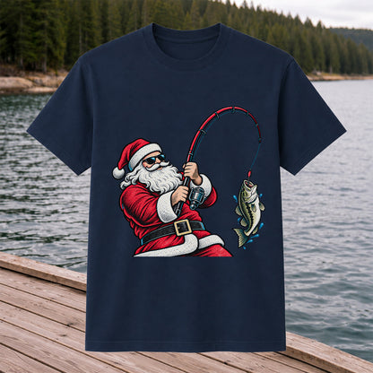 Santa Claus Catching a Bass Christmas Fishing Graphic T-Shirt