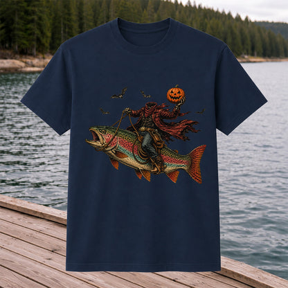 Halloween Cowboy Trout Fishing T-Shirt Pumpkin Fishing Tee