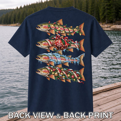 Christmas Rainbow Trout with Holiday Lights Fishing Graphic T-Shirt | Back Print