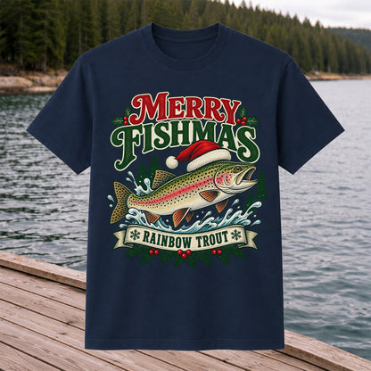 Merry Fishmas Rainbow Trout in Santa Hat Christmas Fishing T-Shirt