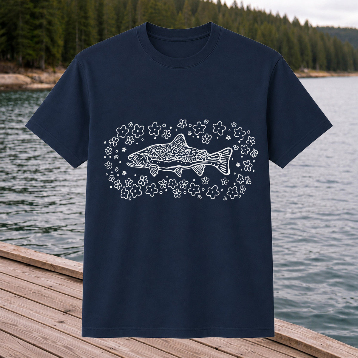 Brown Trout Surrounded by Wildflowers Fishing Graphic T-Shirt