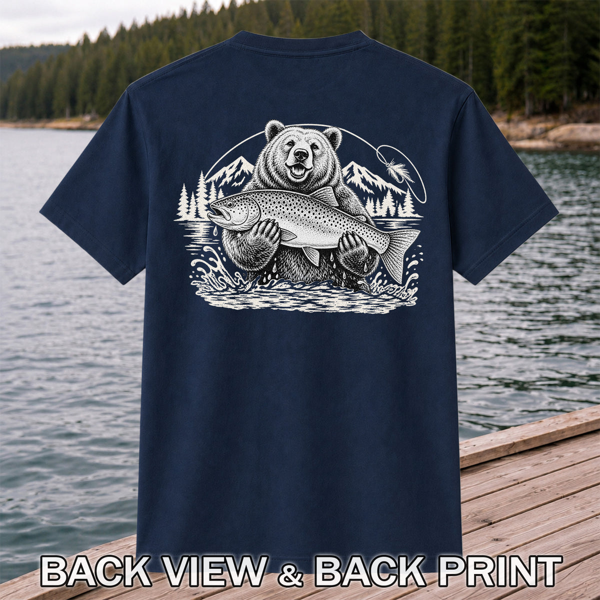 Bear Holding Trout in Mountain Lake Fishing Graphic T-Shirt | Back Print