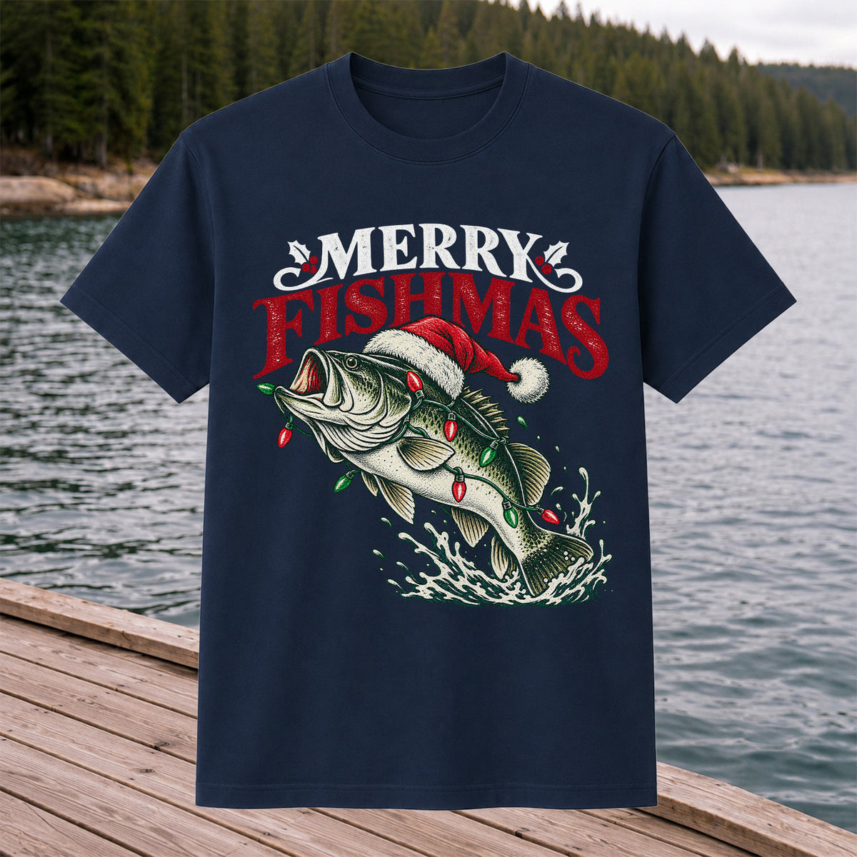 Christmas Bass Fishing Graphic T-Shirt with Santa Hat