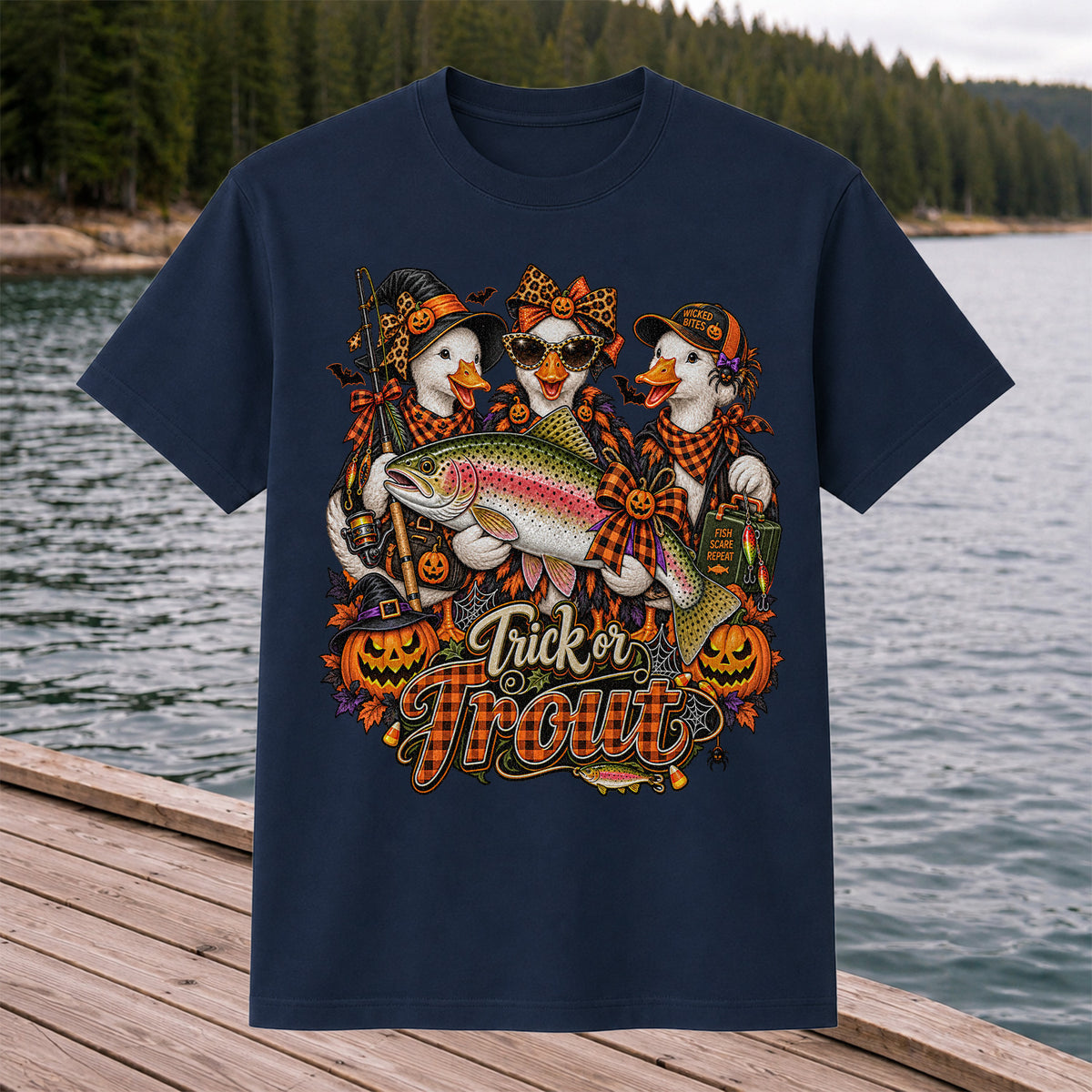 Trick or Trout Halloween Ducks with Rainbow Trout and Pumpkins Fishing T-Shirt