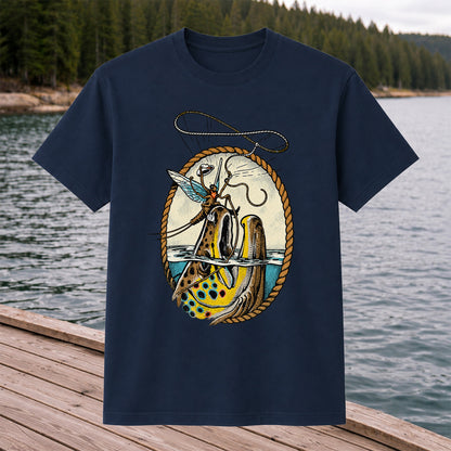 Brown Trout and Winged Fly Angler Vintage Fishing Graphic T-Shirt