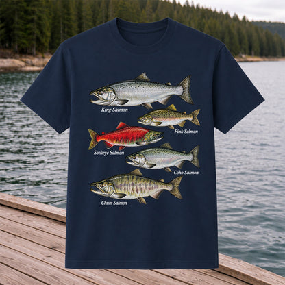 King Pink Sockeye Coho and Chum Salmon Fishing Graphic T-Shirt