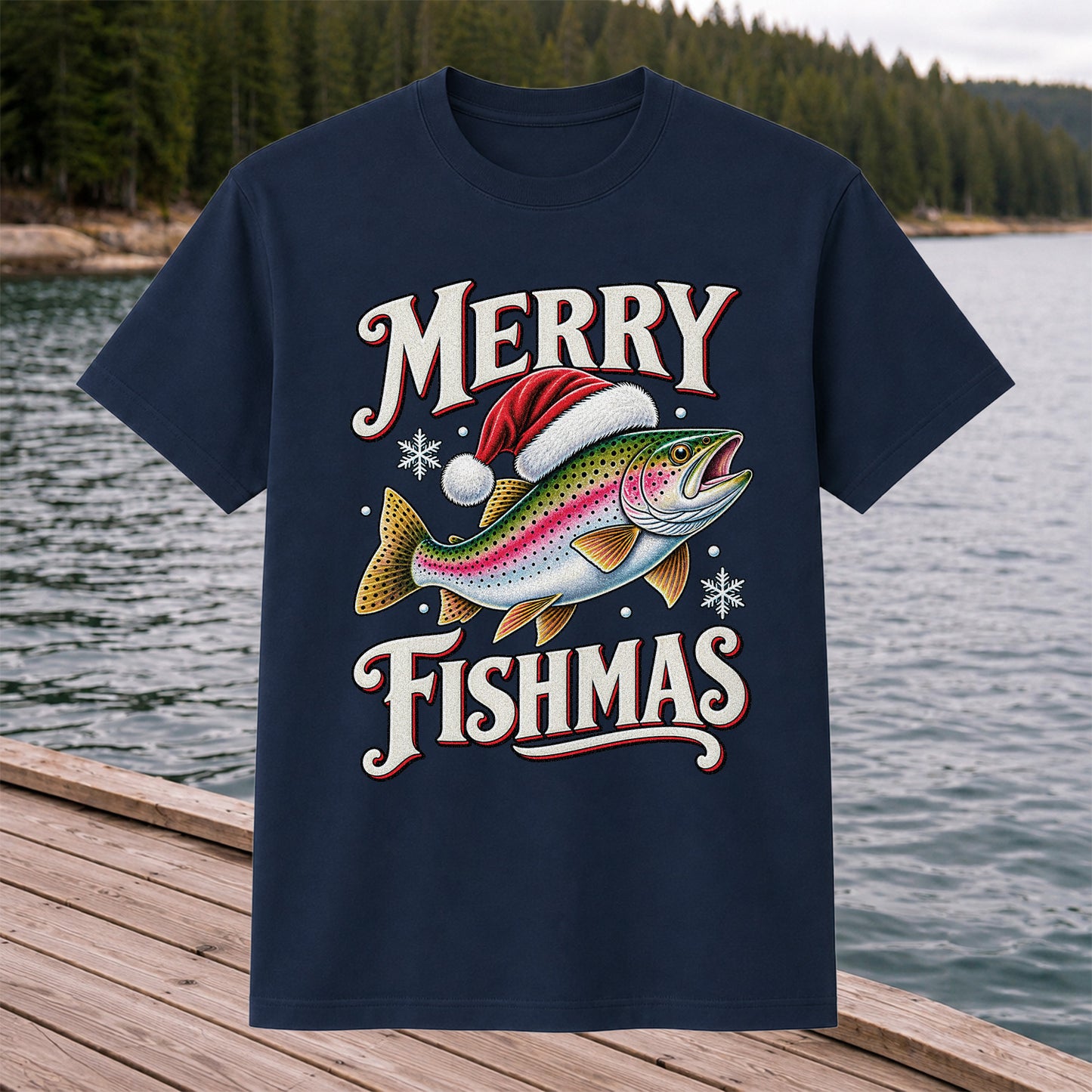 Merry Fishmas Rainbow Trout in a Santa Hat Christmas Fishing T-Shirt