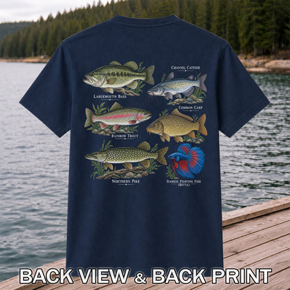 Bass Trout Catfish Carp Pike and Betta Freshwater Fish Graphic T-Shirt | Back Print