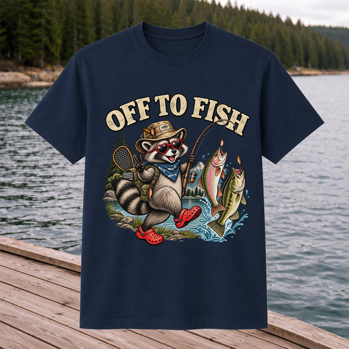 Off to Fish Raccoon with Trout and Bass Fishing T-Shirt