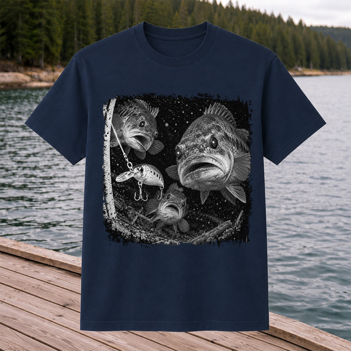 Vintage Bass Fishing Graphic T-Shirt with Underwater Fish Artwork