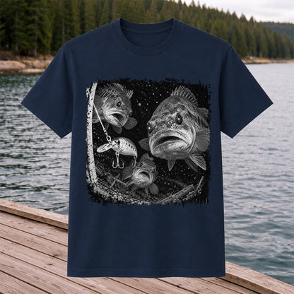 Vintage Bass Fishing Graphic T-Shirt with Underwater Fish Artwork