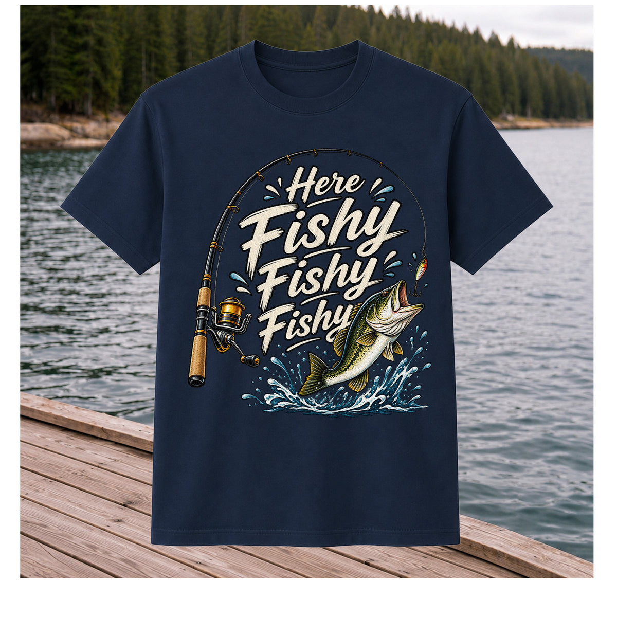 Here Fishy Fishy Fishy Funny Bass Fishing Graphic T-Shirt