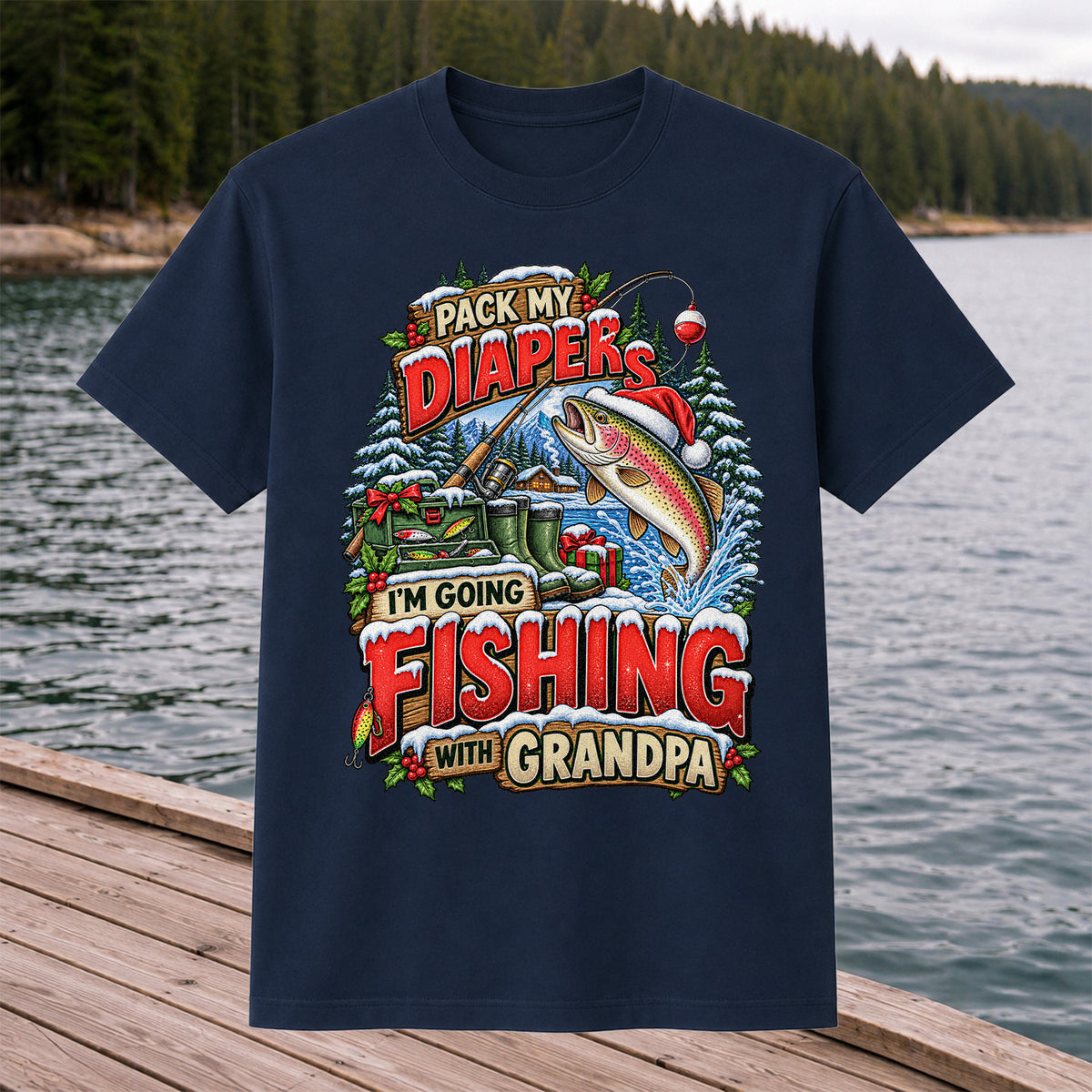Pack My Diapers I'm Going Fishing With Grandpa Christmas Rainbow Trout T-Shirt