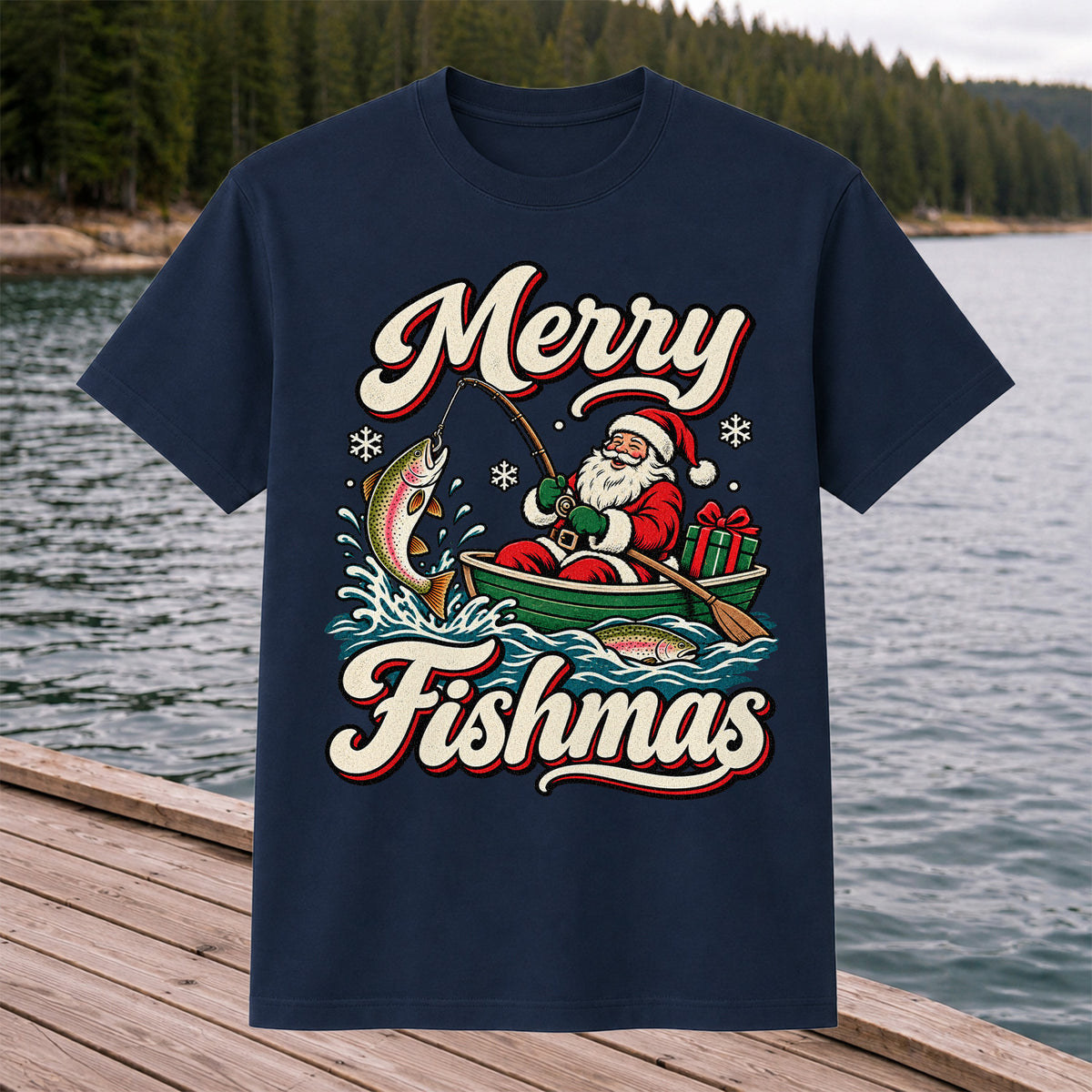 Merry Fishmas Santa Catching Rainbow Trout in a Boat Fishing T-Shirt