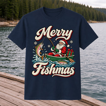 Merry Fishmas Santa Catching Rainbow Trout in a Boat Fishing T-Shirt