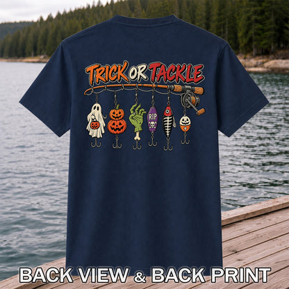 Trick or Tackle Halloween Ghost and Pumpkin Fishing Lures T-Shirt | Back Print