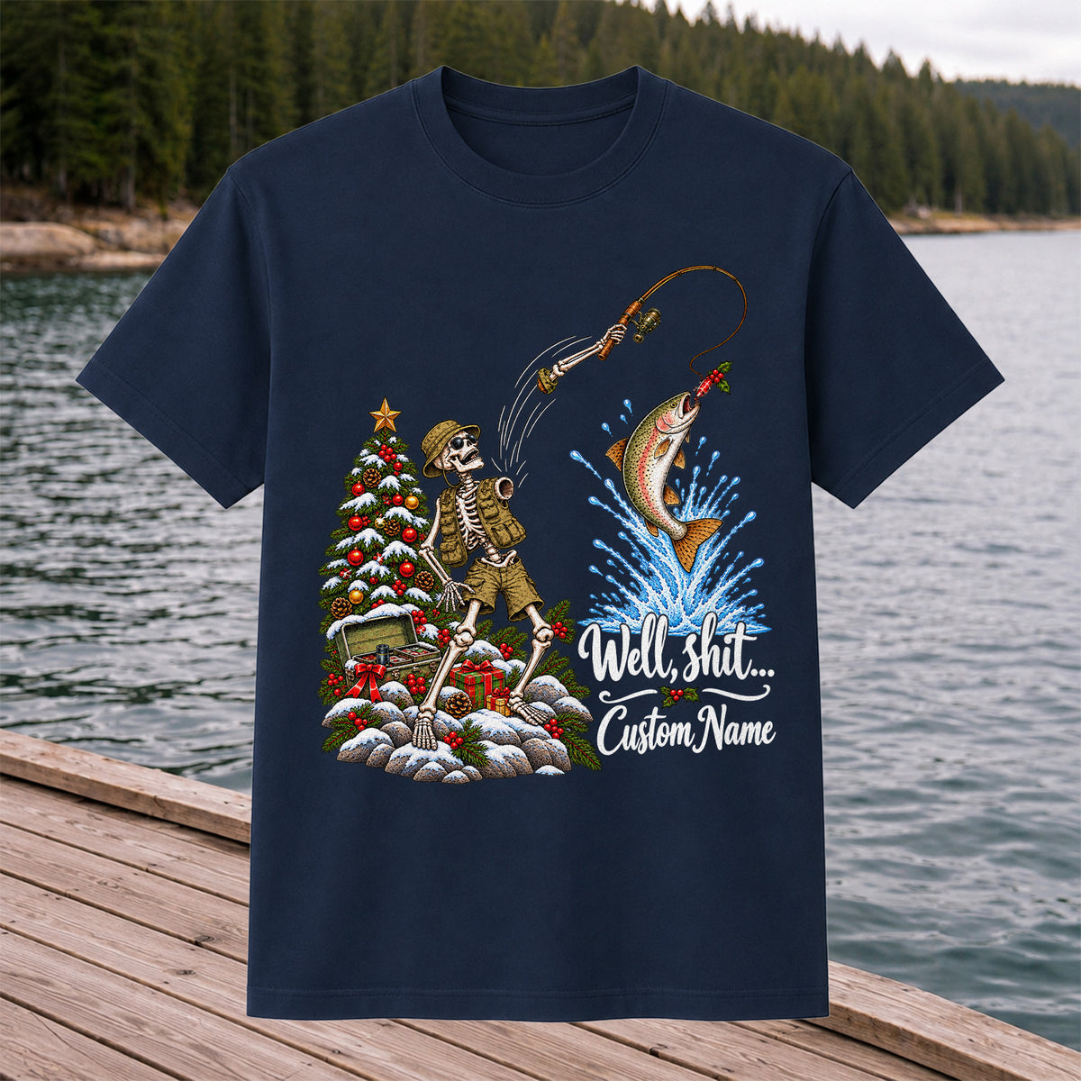 Skeleton Angler Christmas Fishing Personalized Graphic T-Shirt
