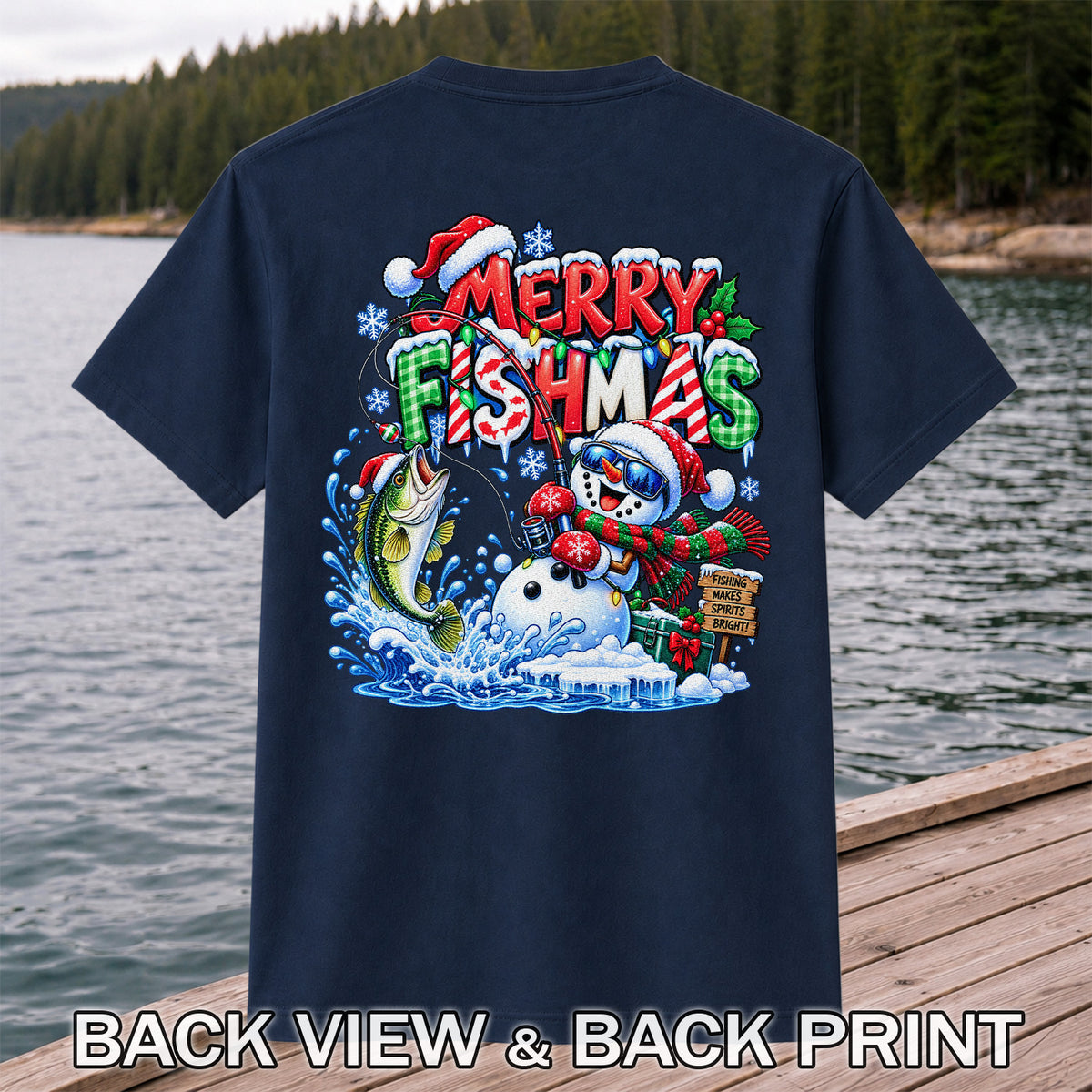 Merry Fishmas Christmas Fishing Graphic T-Shirt | Back Print